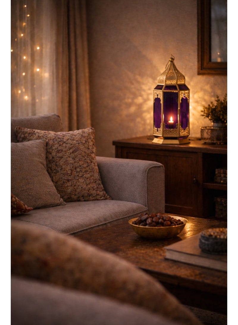 OLUDENIZ Golden Glass Candle Lantern – Decorative Iron & Glass Moroccan Lantern – 28cm Height – Home & Ramadan Décor - Image 4